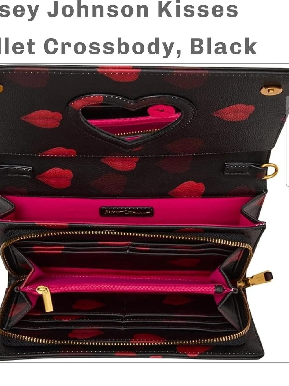 Betsey Johnson Black Crossbody Bag with Red Lip Motif & Gold Chain